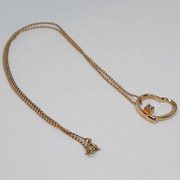 Vintage Gold Tone Open Heart Pendant Necklace with Faux Stone #13W - Picture 1 of 13